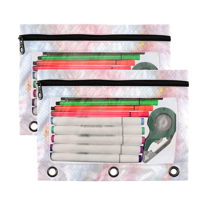 Kcldeci 3 Ring Pencil Pouch  Cute Pastel Unicorn Rainbow Glitter Marble 2 Packs Bulk Zipper Pencil Case Pencil Pouches with Clear Window for Storing School Office Supplies - Image 2